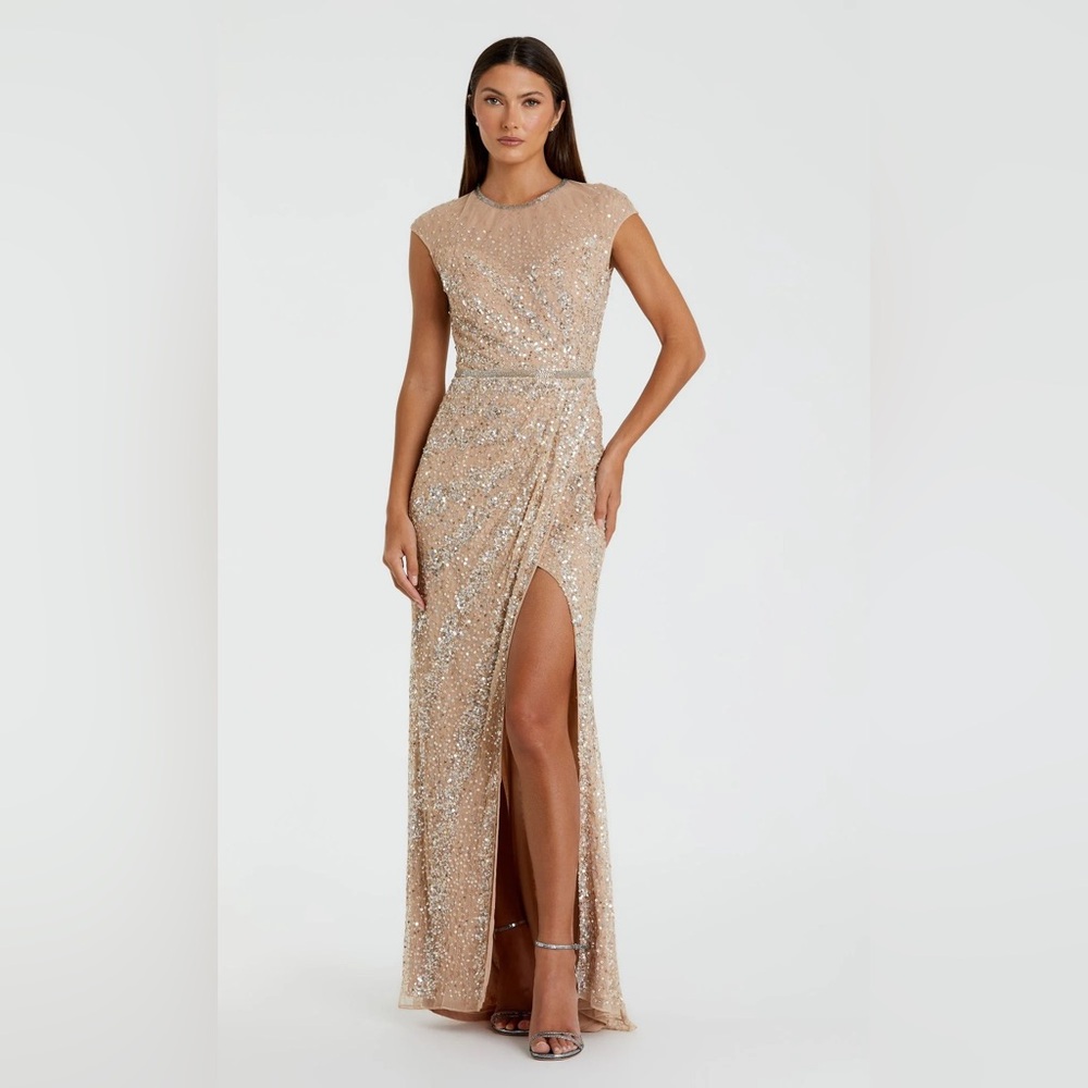 NWT Beige Embellished Illusion High Neck Cap Sleeve Gown
